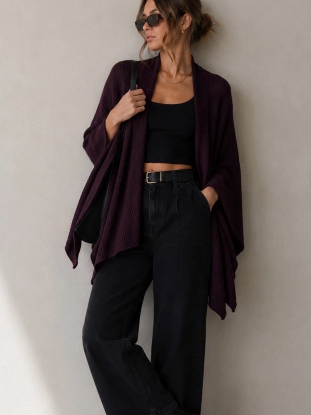 Plum Open-Front Ribbed Knit Sweater Cardigan